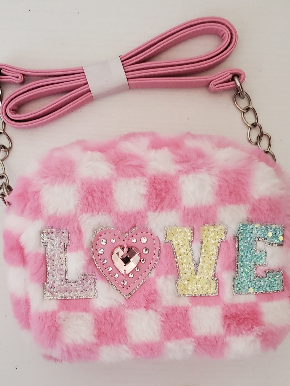 New Girl's Pink & White Checker Faux Fur LOVE Sequins Rhinestones Shoulder Bag